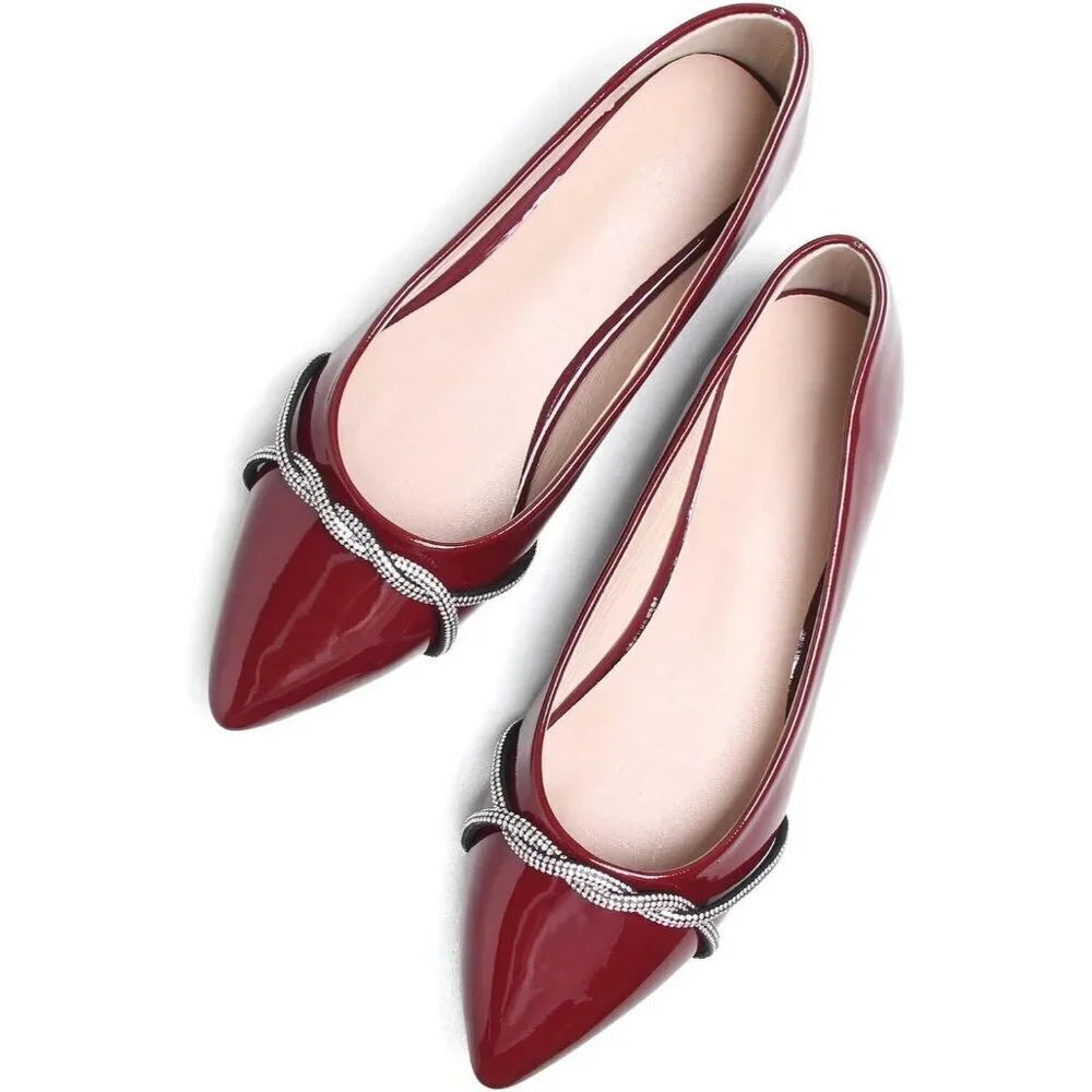 Women's Wine Red Casual Flats Fashion Chain Pointed Toe Ballet Flat Rhinestone